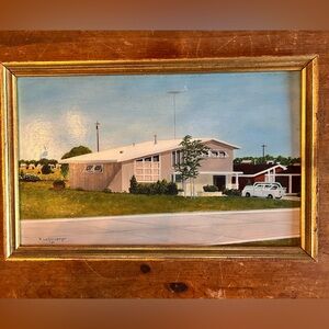 1962 R. Leibensperger framed original oil painting of midcentury modern house.